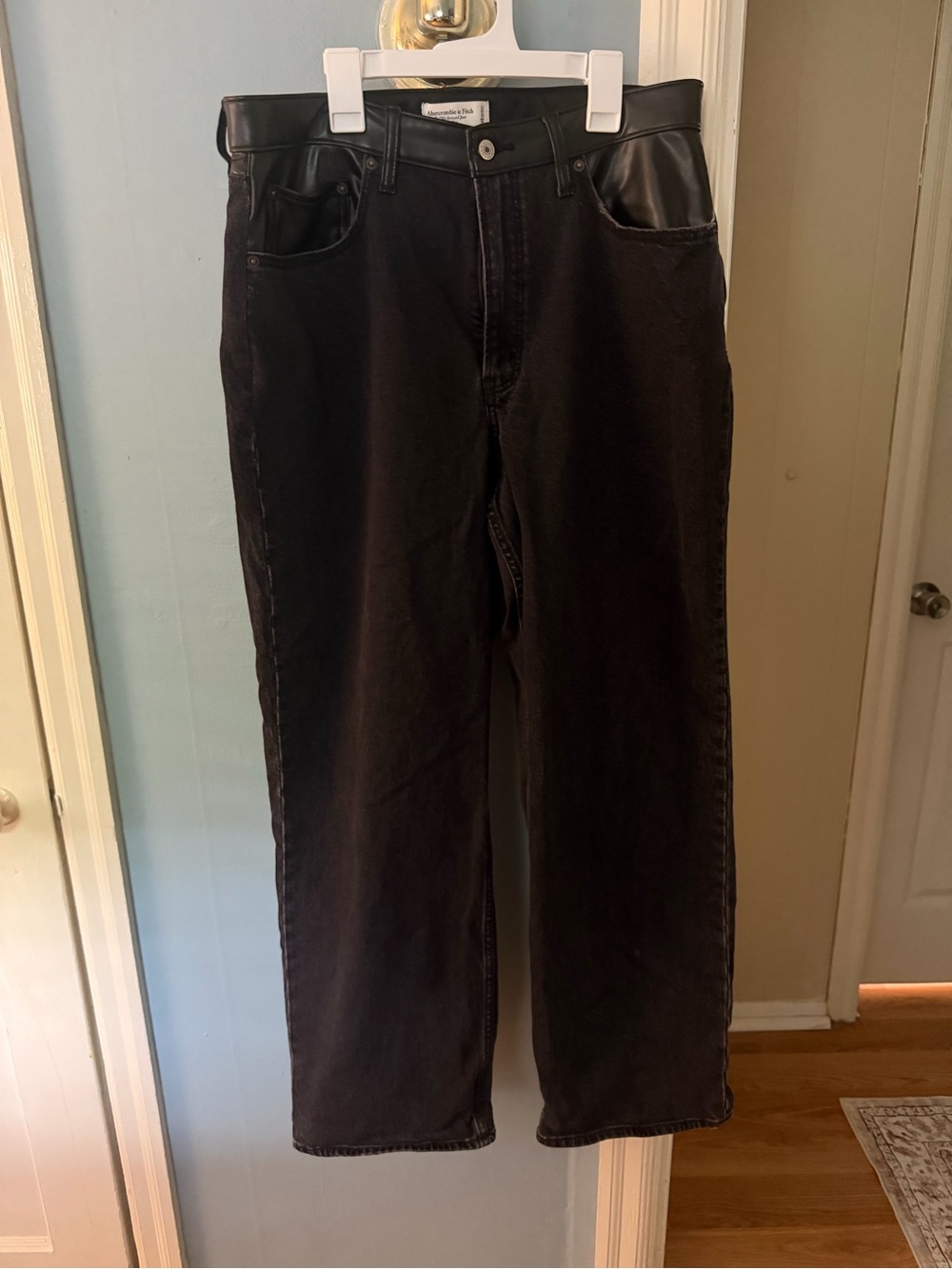 Abercrombie & Fitch Women's High-Rise Black Jeans with Faux Leather Trim